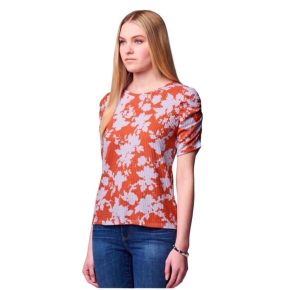 Simply Vera Vera Wang Ruched Elbow Sleeve Floral Tee Shirt Damask Floral Medium - Picture 1 of 6